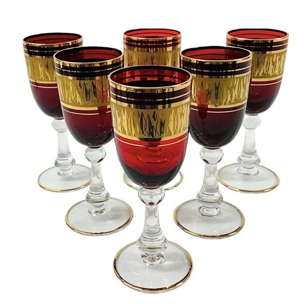 VTG Wine/Sherry Cordial Glasses Ruby Red Gilded with Clear Stem 1950s Set of 6